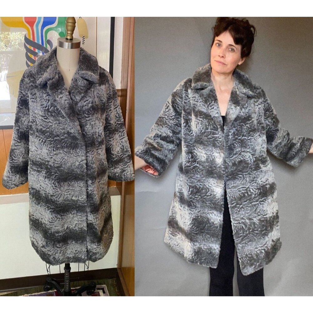 VTG 50's Faux Fur Swing Coat A Line Jacket Sz M S gray stripe 3/4 sleeve